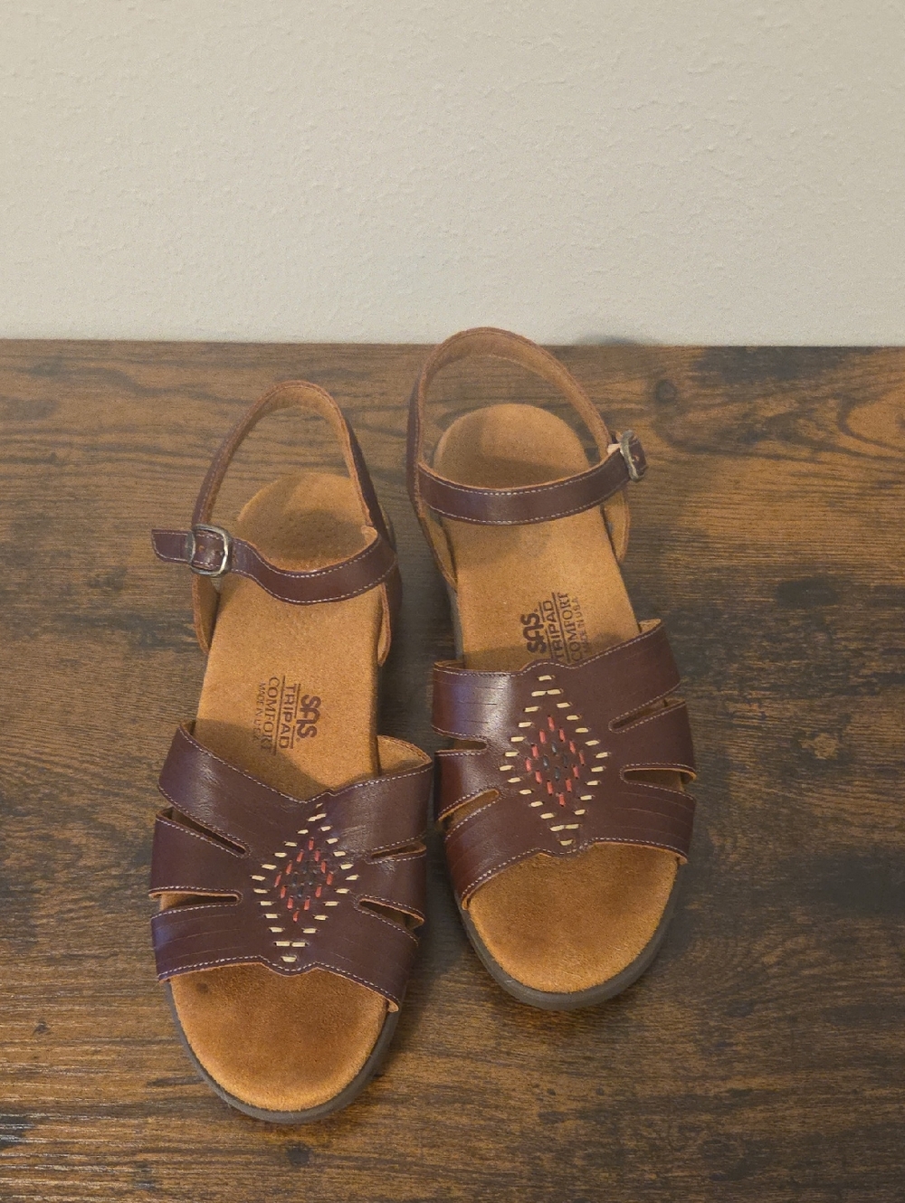 SAS Brown Leather Sandals with Embroidered Accent